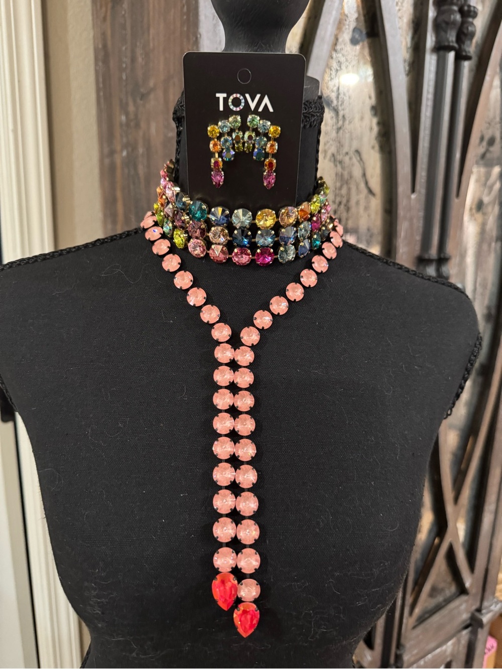 TOVA Multicolor Crystal Choker,Pink Y-Drop Necklace and Earrings